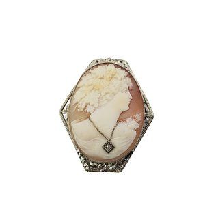 Vintage 14 Karat White Gold and Diamond Cameo Brooch/Pendant #10632